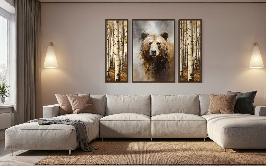 Set Of 3 Bear Flanked By Trees Framed Canvas Wall Art For Cabin Decor