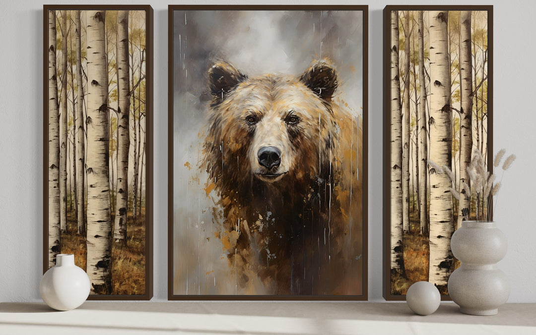 Set Of 3 Bear Flanked By Trees Framed Canvas Wall Art For Cabin Decor