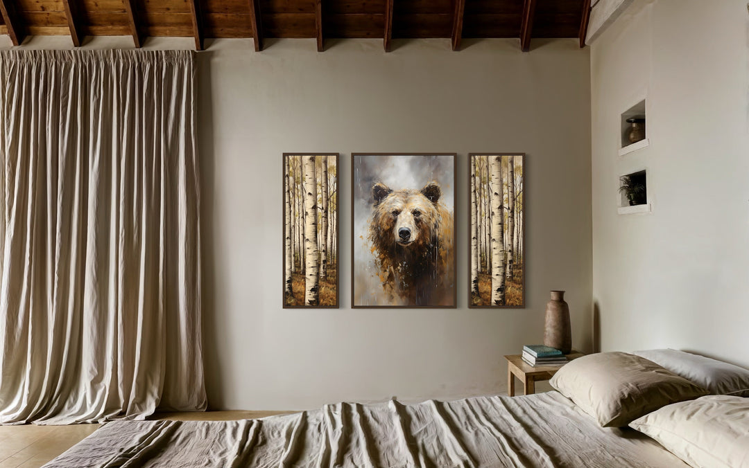 Set Of 3 Bear Flanked By Trees Framed Canvas Wall Art For Cabin Decor