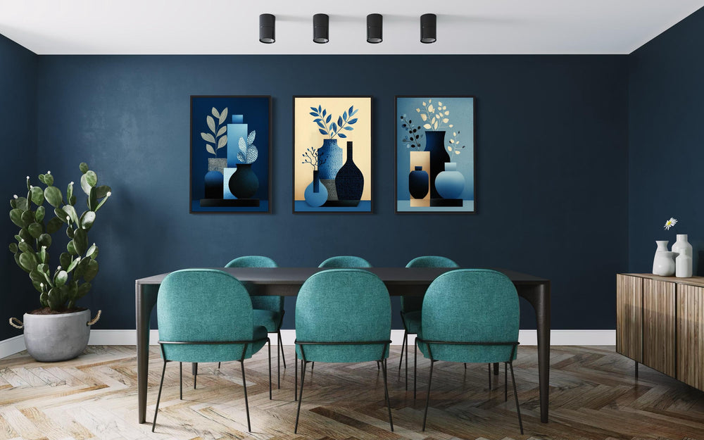 Set Of 3 Blue Beige Mid Century Modern Vases Canvas Wall Art