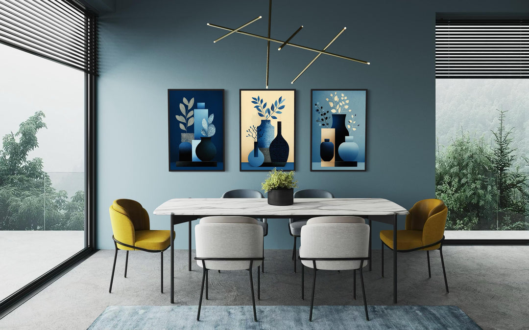 Set Of 3 Blue Beige Mid Century Modern Vases Canvas Wall Art
