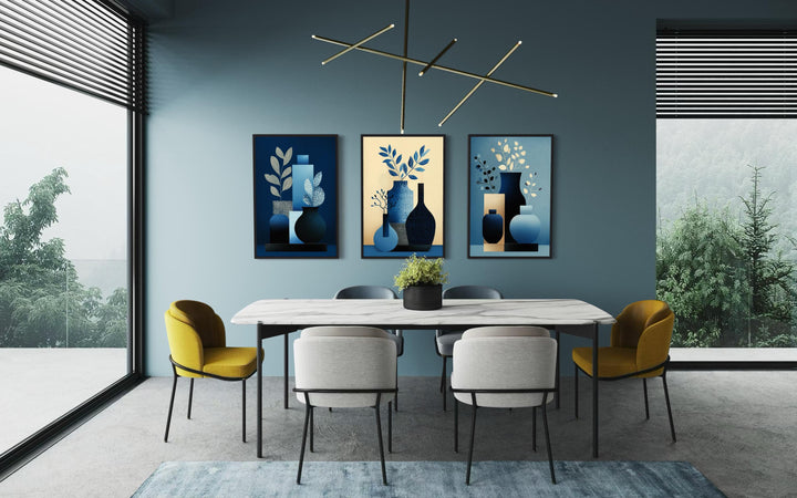 Set Of 3 Blue Beige Mid Century Modern Vases Canvas Wall Art