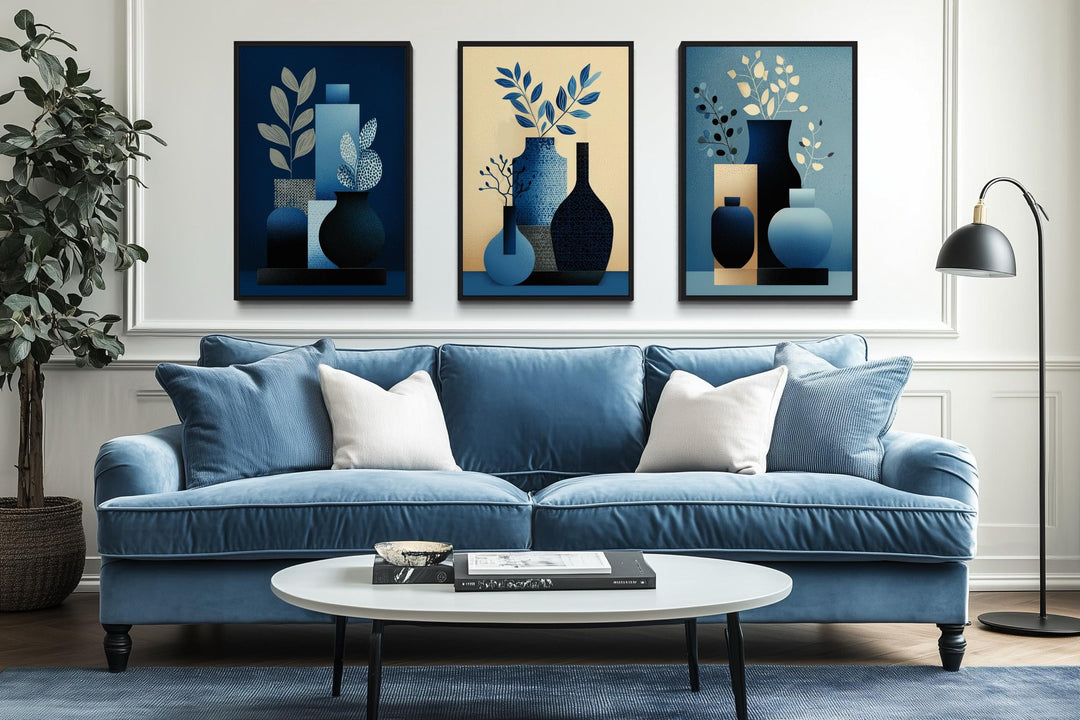 Set Of 3 Blue Beige Mid Century Modern Vases Canvas Wall Art