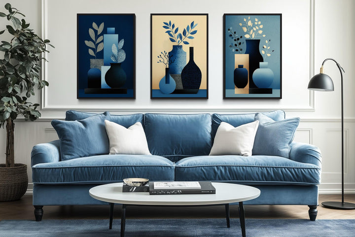 Set Of 3 Blue Beige Mid Century Modern Vases Canvas Wall Art