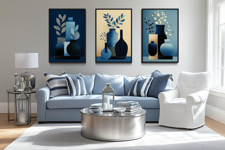 Set Of 3 Blue Beige Mid Century Modern Vases Canvas Wall Art