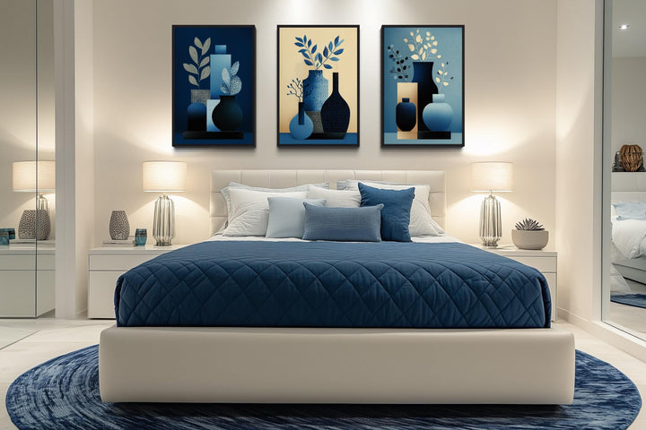Set Of 3 Blue Beige Mid Century Modern Vases Canvas Wall Art