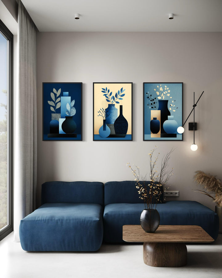 Set Of 3 Blue Beige Mid Century Modern Vases Canvas Wall Art