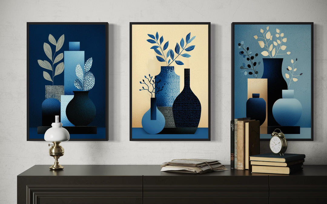 Set Of 3 Blue Beige Mid Century Modern Vases Canvas Wall Art