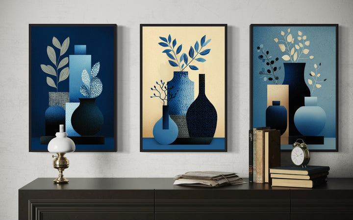 Set Of 3 Blue Beige Mid Century Modern Vases Canvas Wall Art