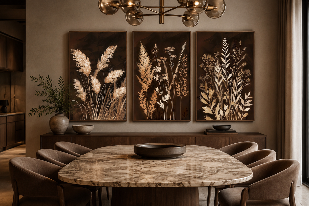 Set of 3 vertical canvases featuring botanical grass illustrations in brown and beige earth tones.