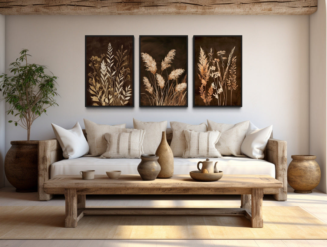 Set Of 3 Brown Beige Boho Grass Canvas Wall Art