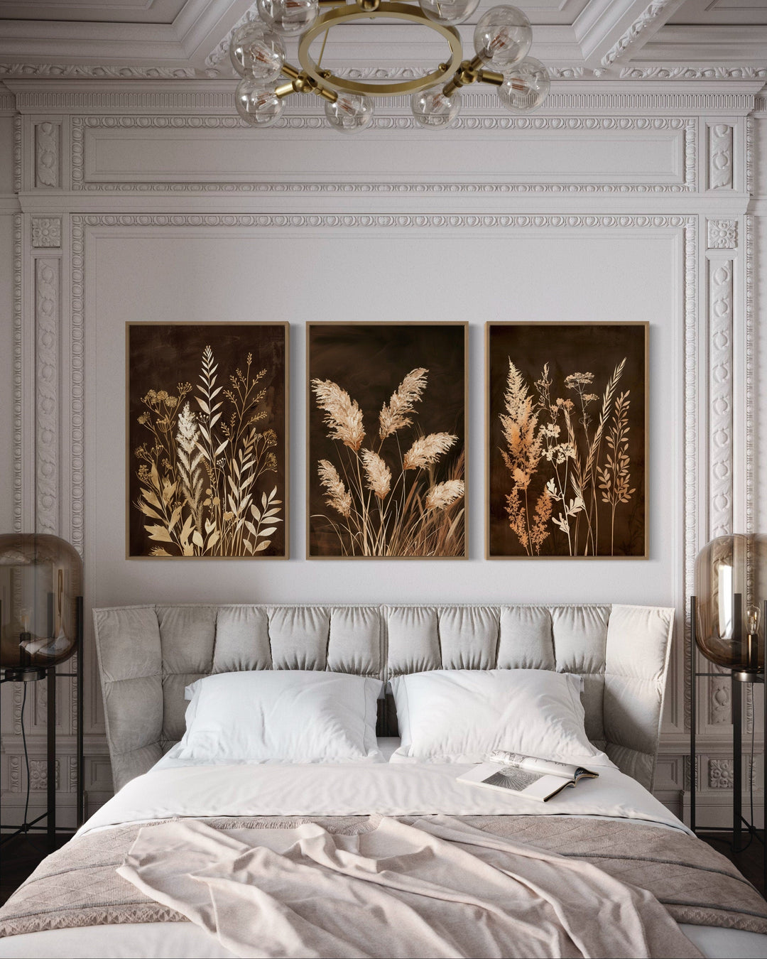 Set Of 3 Brown Beige Boho Grass Canvas Wall Art