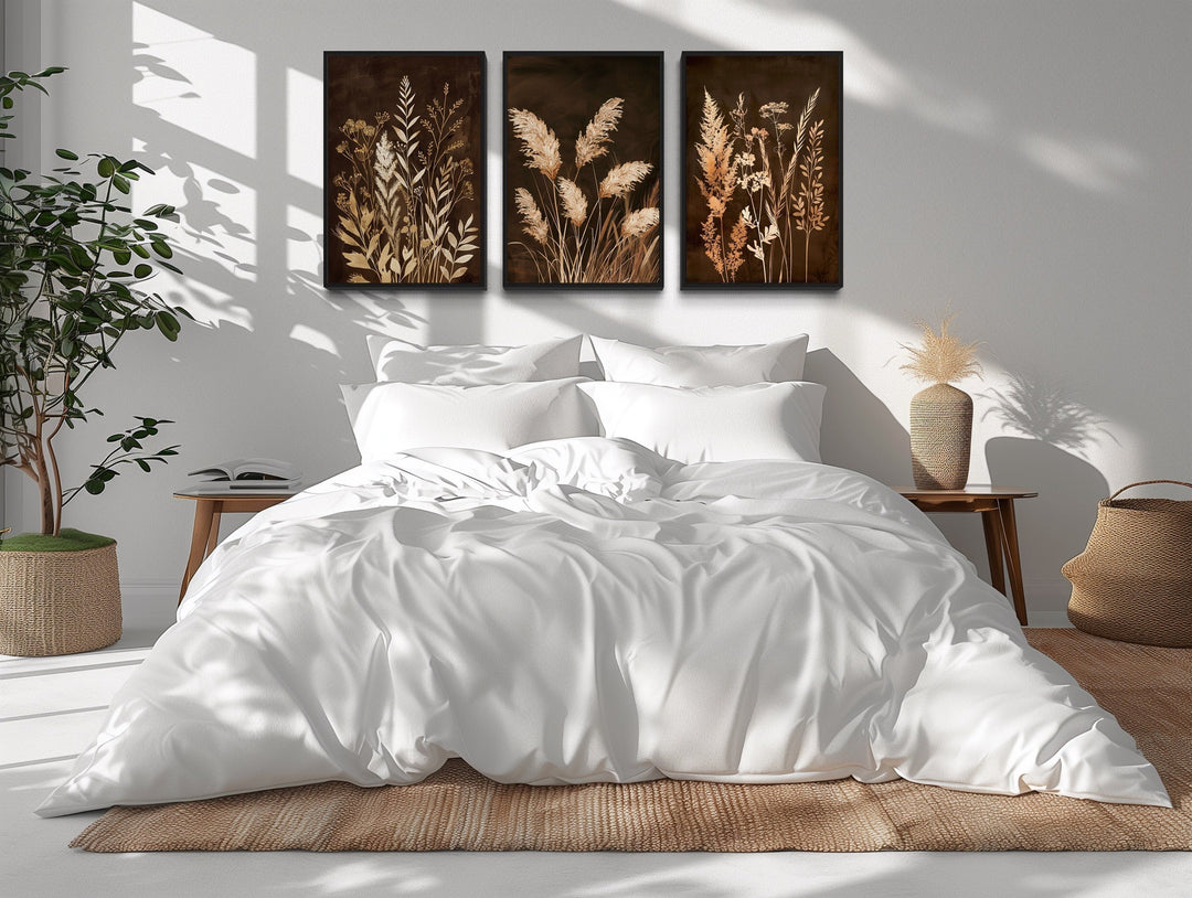 Set Of 3 Brown Beige Boho Grass Canvas Wall Art