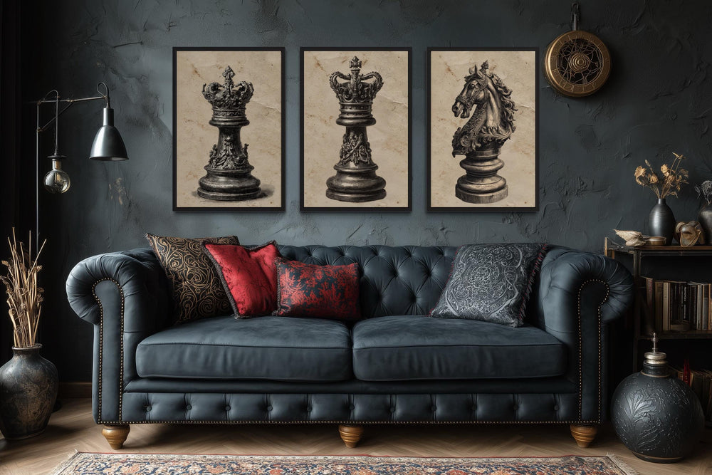 Set Of 3 Chess Wall Art – Vintage Black And White CKing, Queen, And Knight For Game Room, Man Cave Home Decor