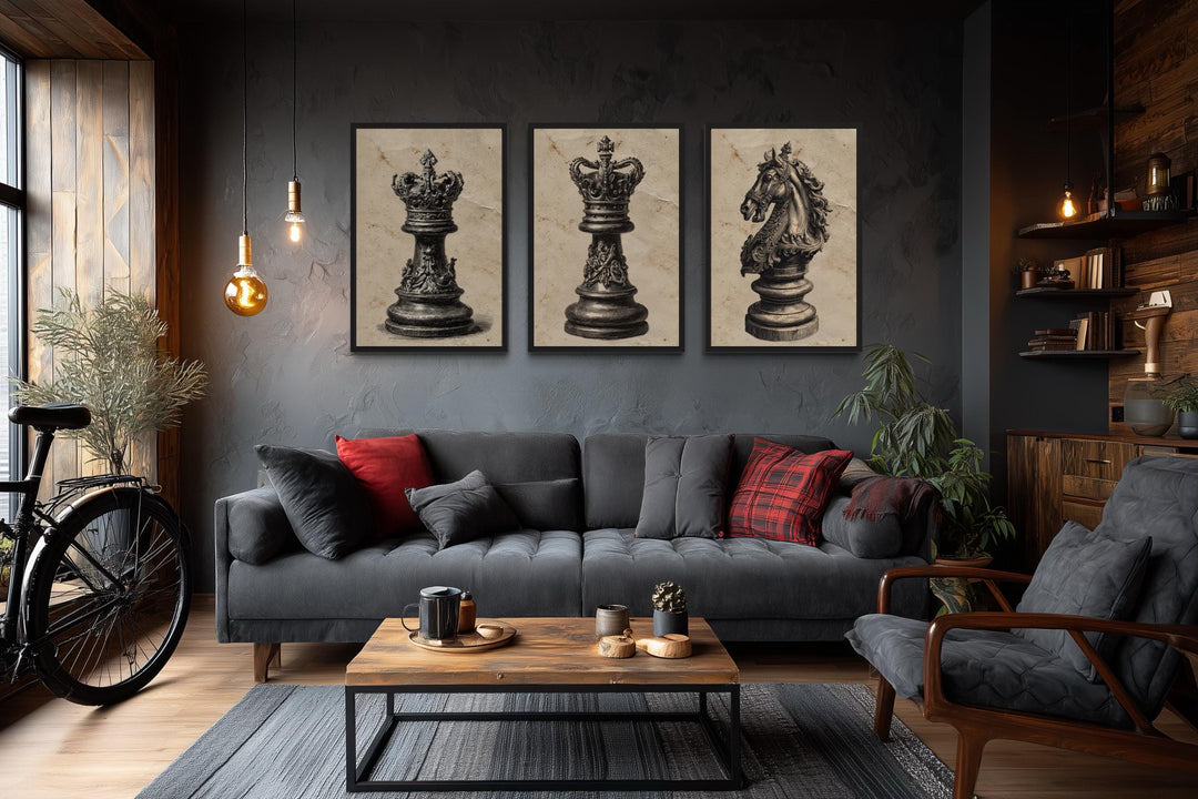 Set Of 3 Chess Wall Art – Vintage Black And White CKing, Queen, And Knight For Game Room, Man Cave Home Decor