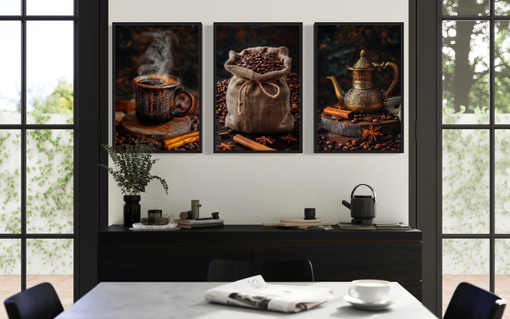 Set Of 3 Coffee Beans, Mug And Coffee Maker Framed Canvas Wall Art