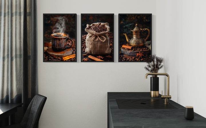 Set Of 3 Coffee Beans, Mug And Coffee Maker Framed Canvas Wall Art