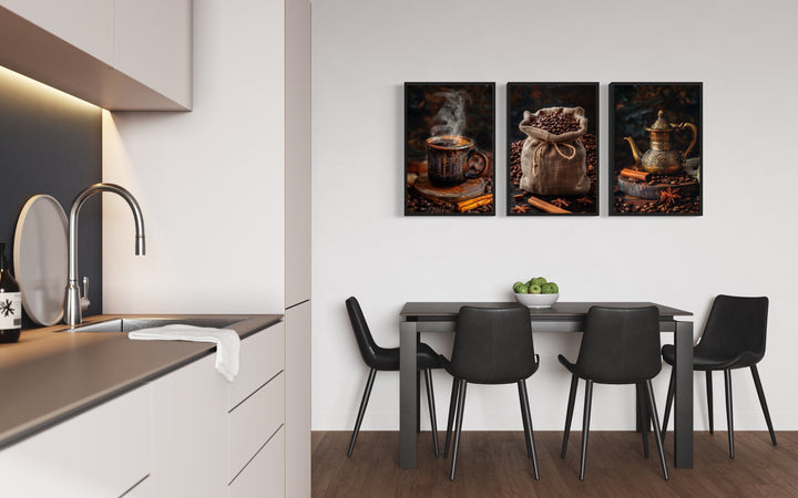 Set Of 3 Coffee Beans, Mug And Coffee Maker Framed Canvas Wall Art