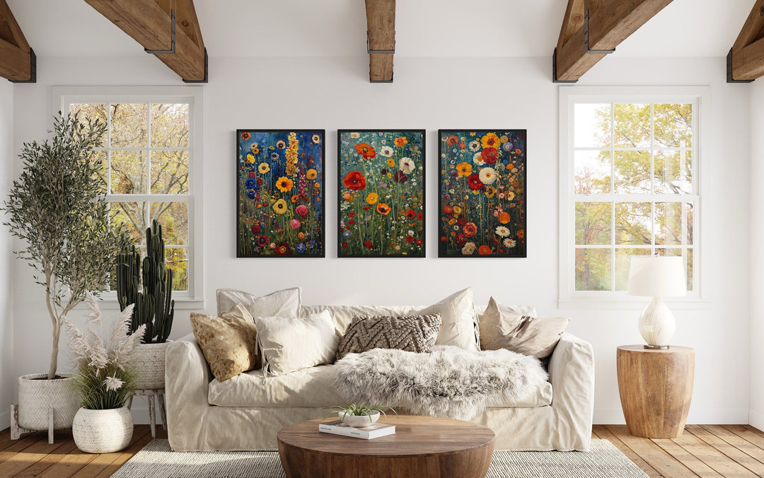 Set Of 3 Colorful Wildflowers Inspired By Gustav Klimt Spring Wall Art