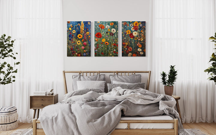 Set Of 3 Colorful Wildflowers Inspired By Gustav Klimt Spring Wall Art