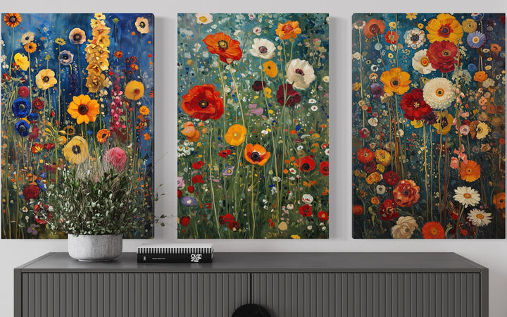 Set Of 3 Colorful Wildflowers Inspired By Gustav Klimt Spring Wall Art