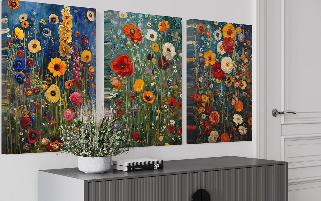 Set Of 3 Colorful Wildflowers Inspired By Gustav Klimt Spring Wall Art