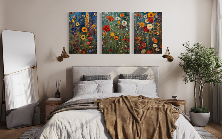 Set Of 3 Colorful Wildflowers Inspired By Gustav Klimt Spring Wall Art