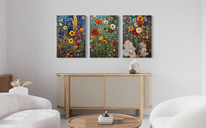 Set Of 3 Colorful Wildflowers Inspired By Gustav Klimt Spring Wall Art