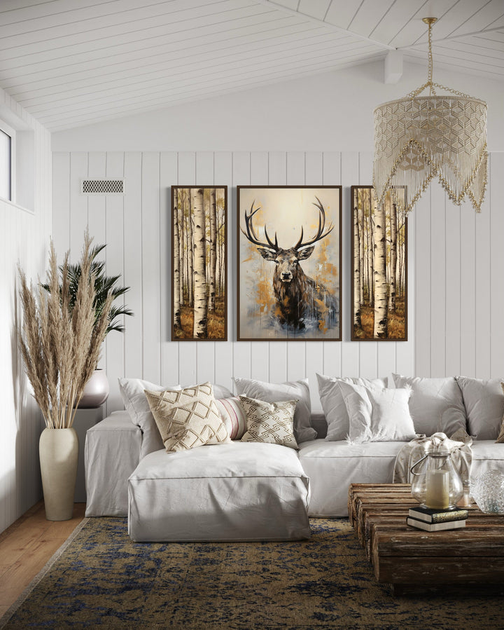 Set Of 3 Deer Flanked By Trees Framed Canvas Wall Art For Cabin Decor