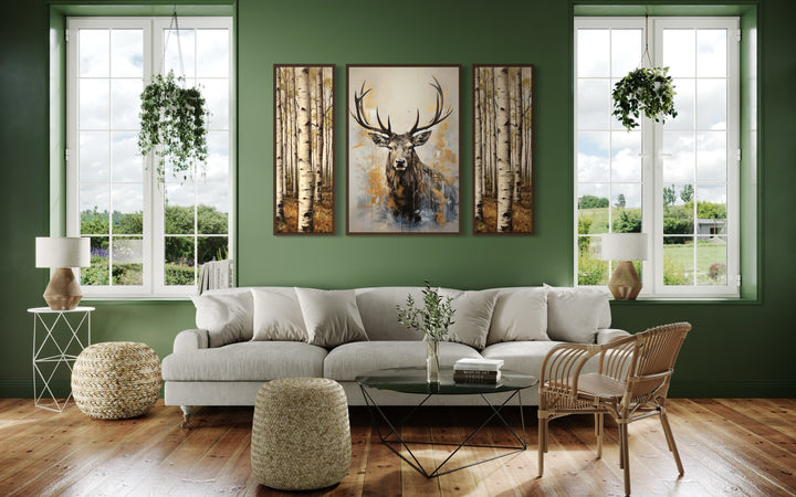 Set Of 3 Deer Flanked By Trees Framed Canvas Wall Art For Cabin Decor