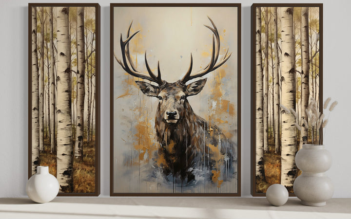 Set Of 3 Deer Flanked By Trees Framed Canvas Wall Art For Cabin Decor