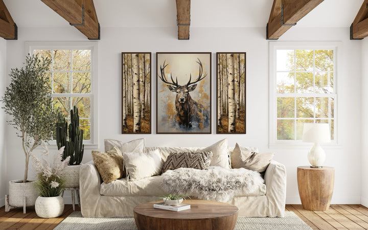 Set Of 3 Deer Flanked By Trees Framed Canvas Wall Art For Cabin Decor