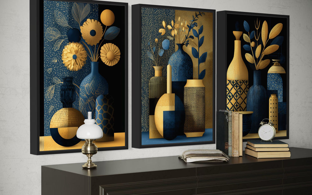 Set Of 3 Gold Navy Blue Vase Botanical Canvas Prints