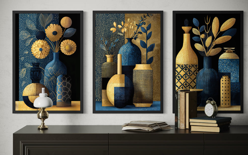 Set Of 3 Gold Navy Blue Vase Botanical Canvas Prints