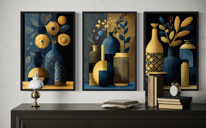 Set Of 3 Gold Navy Blue Vase Botanical Canvas Prints