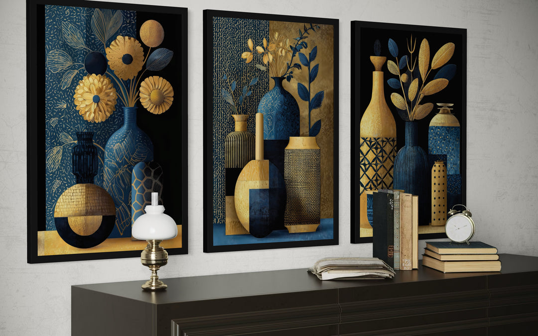 Set Of 3 Gold Navy Blue Vase Botanical Canvas Prints