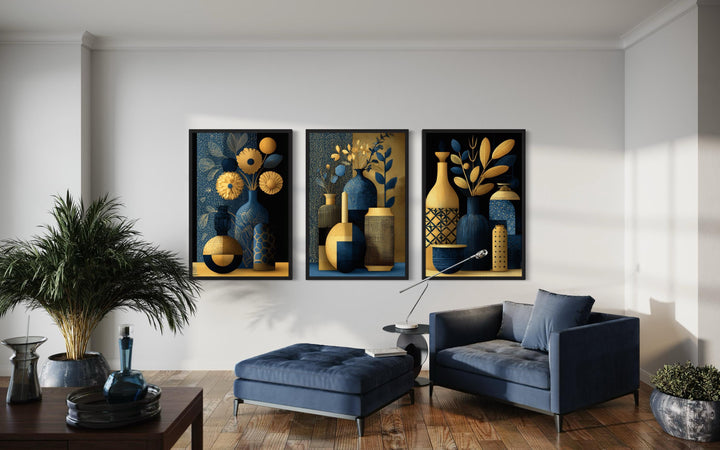 Set Of 3 Gold Navy Blue Vase Botanical Canvas Prints