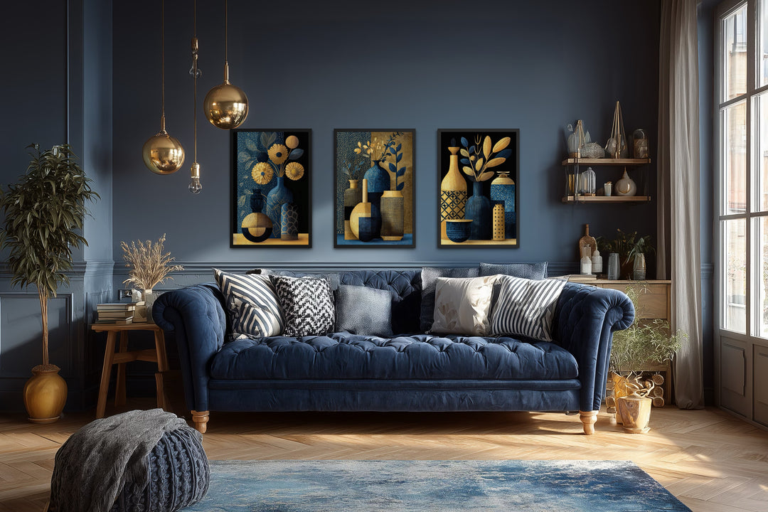 Set Of 3 Gold Navy Blue Vase Botanical Canvas Prints