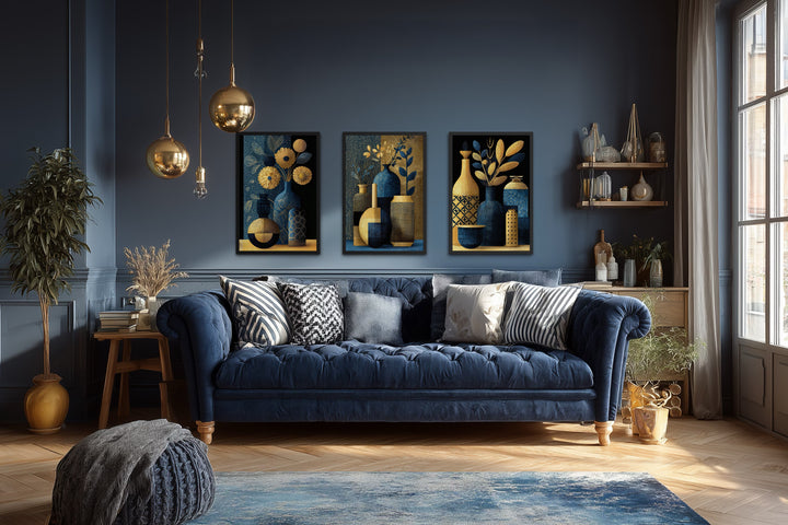 Set Of 3 Gold Navy Blue Vase Botanical Canvas Prints