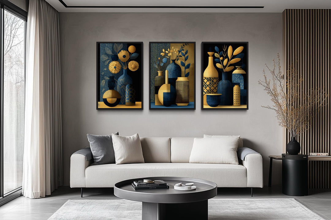 Set Of 3 Gold Navy Blue Vase Botanical Canvas Prints
