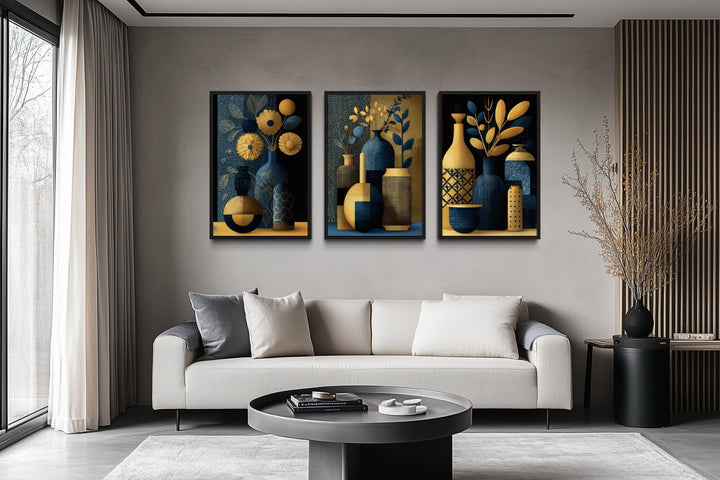 Set Of 3 Gold Navy Blue Vase Botanical Canvas Prints