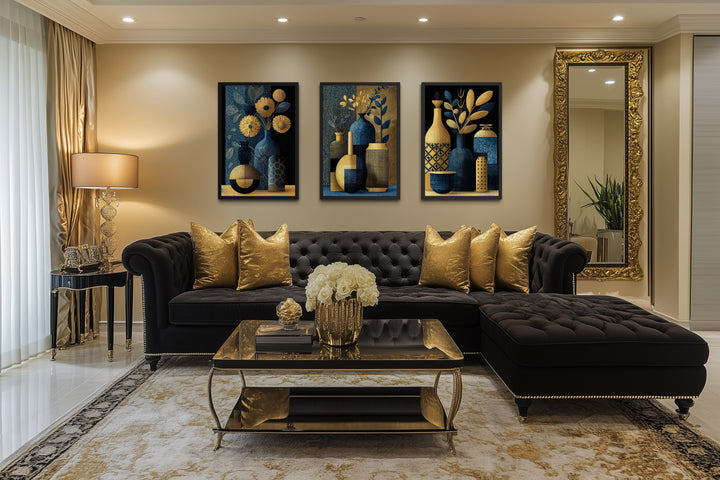Set Of 3 Gold Navy Blue Vase Botanical Canvas Prints