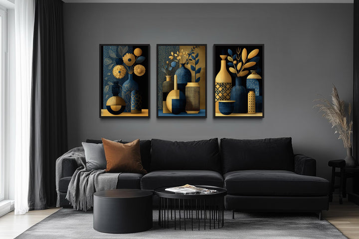 Set Of 3 Gold Navy Blue Vase Botanical Canvas Prints