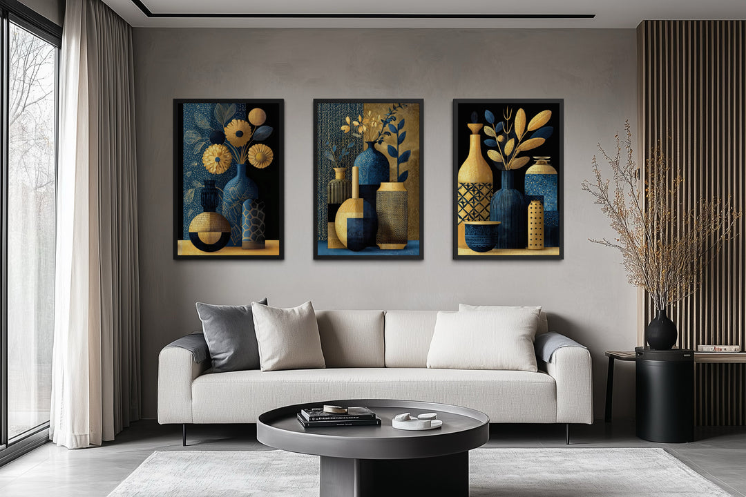 Set Of 3 Gold Navy Blue Vase Botanical Canvas Prints