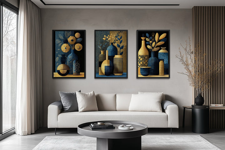 Set Of 3 Gold Navy Blue Vase Botanical Canvas Prints