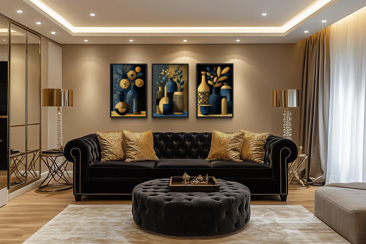 Set Of 3 Gold Navy Blue Vase Botanical Canvas Prints