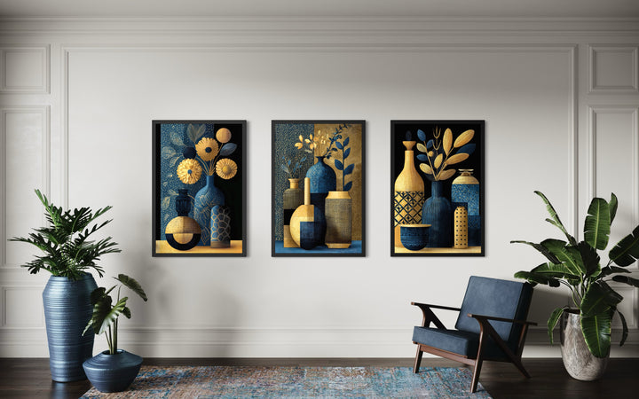 Set Of 3 Gold Navy Blue Vase Botanical Canvas Prints