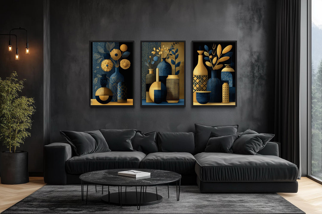 Set Of 3 Gold Navy Blue Vase Botanical Canvas Prints