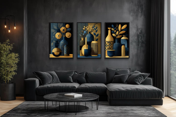 Set Of 3 Gold Navy Blue Vase Botanical Canvas Prints