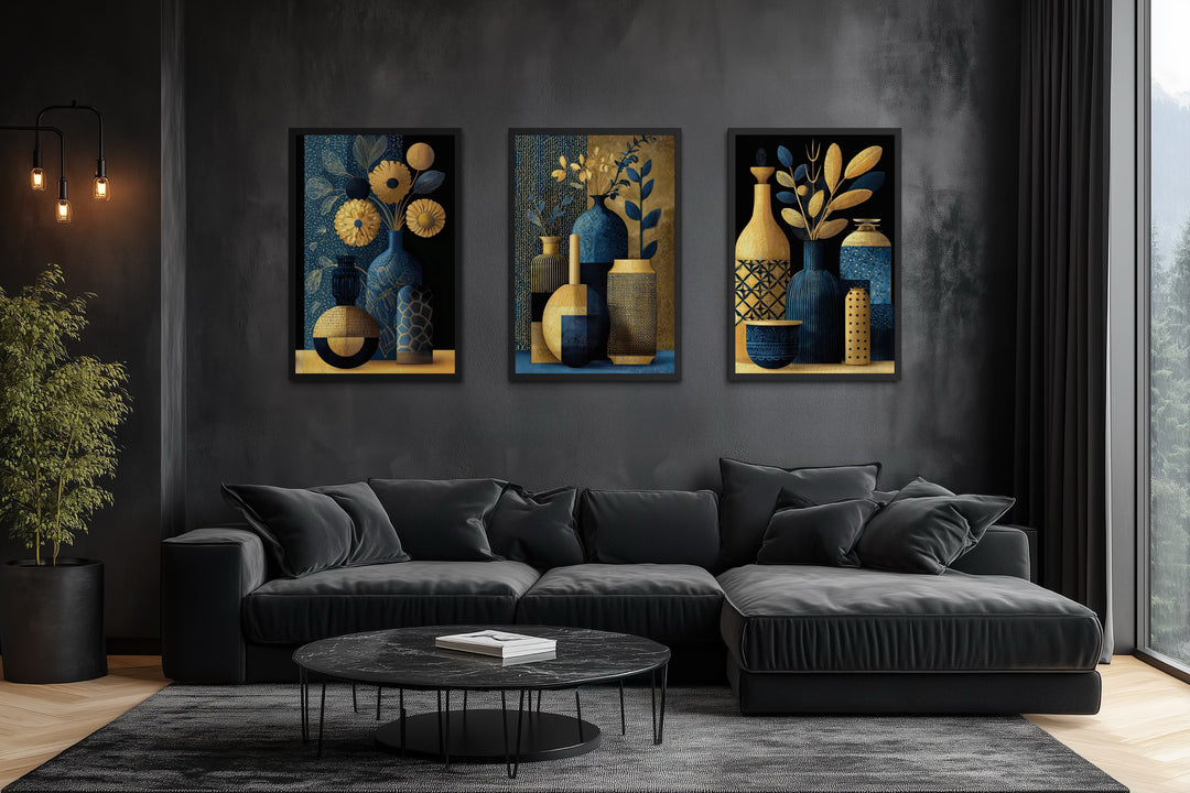 Set Of 3 Gold Navy Blue Vase Botanical Canvas Prints